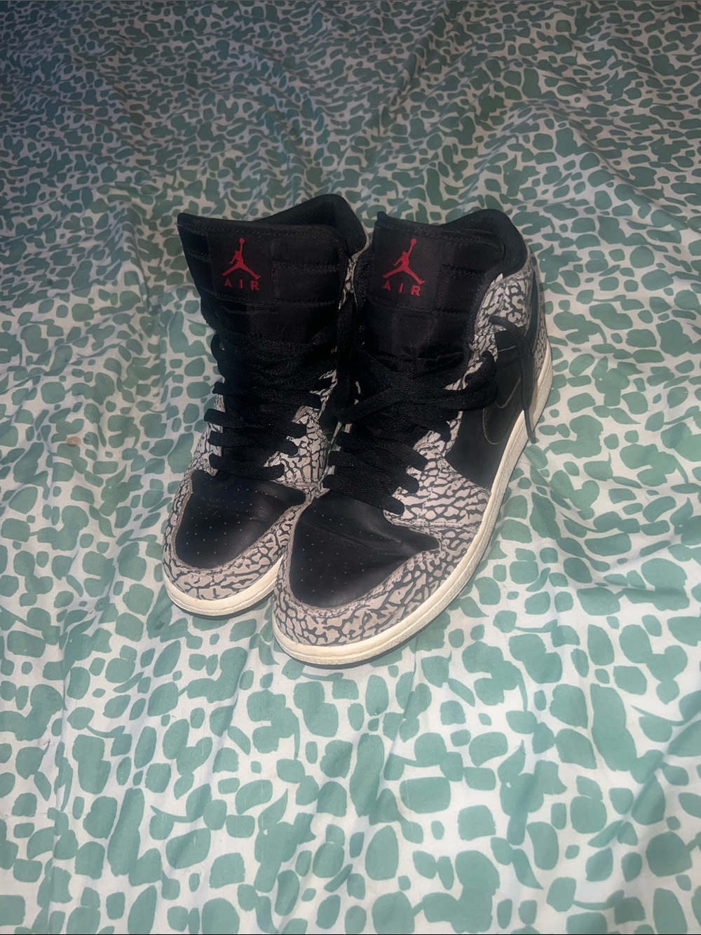 Jordan High-Top Sneakers in Black with Red Jumpman and Grey Elephant Print